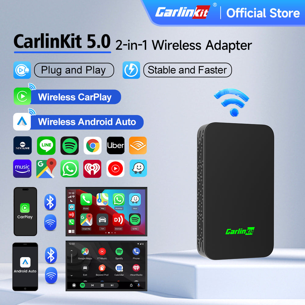 Carlinkit5.02AirWirelessCarPlayAndroidAutoWirelessBoxTwo-DualAdapter2-ChannelWorkWazeSpotify5.8GhzWiFiBTSiriGPSAuto