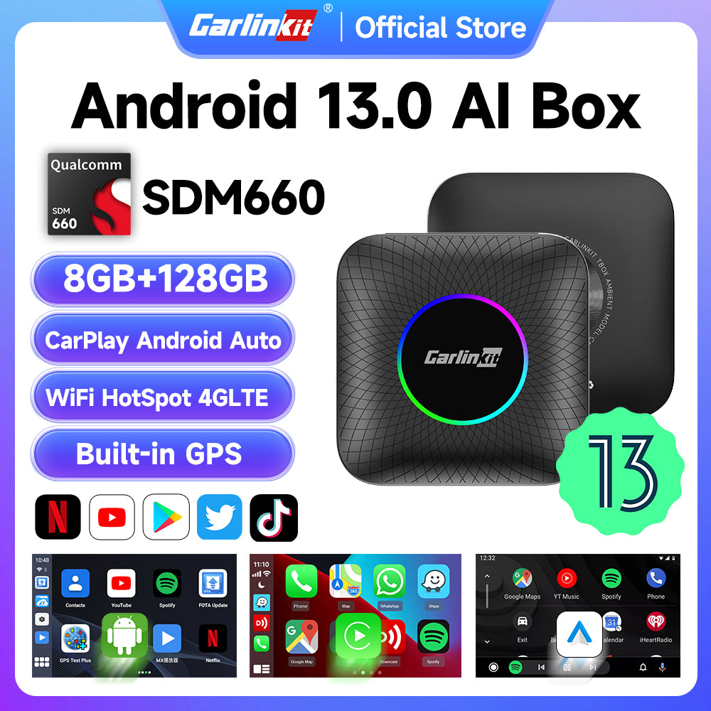 Carlinkit – boîtier TV Android 13 pour voiture, LED, adaptateur sans fil CarPlay, SM6225, 8 cœurs, IPTV, Netfilx, lecture vidéo, CarPlay, Ai, 2023