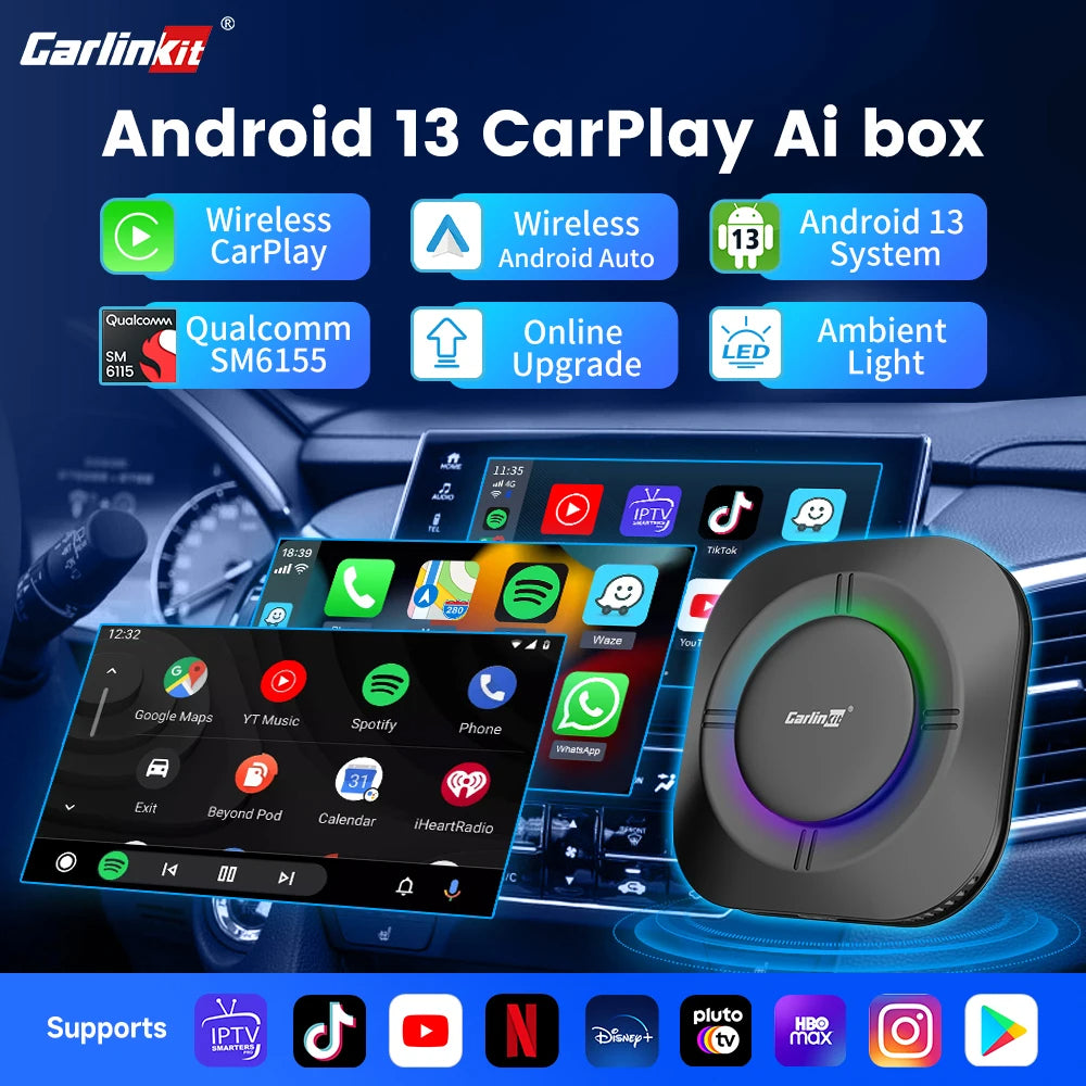 2024 Carlinkit Ai Box S2C LED Android Wireless Carplay adapter Android 13 Qualcomm 6115 8-cores 64G Smart Tv Box For Netflix IPTV