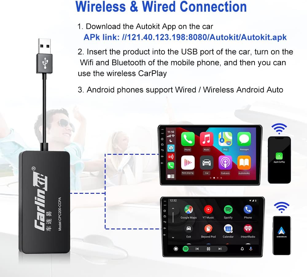 Adaptateur USB CarPlay sans fil AutoKit CarPlay/adaptateur USB sans fil  Android pour Android Auto filaire, adapté à tous les Android 
